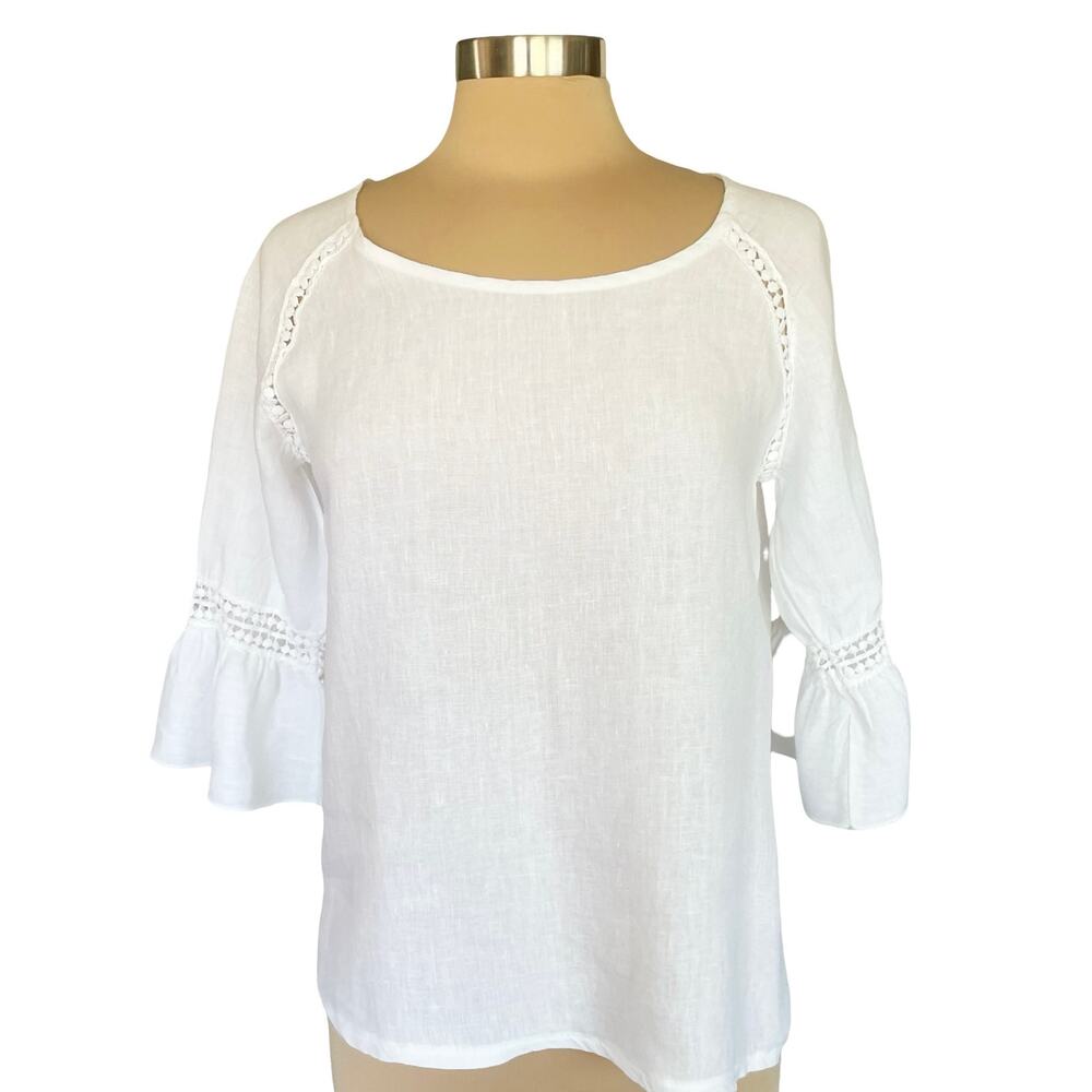 Bella Umbra Made In Italy White Linen Top Sz S Bell Sleeve Lace Inset Minimalist
